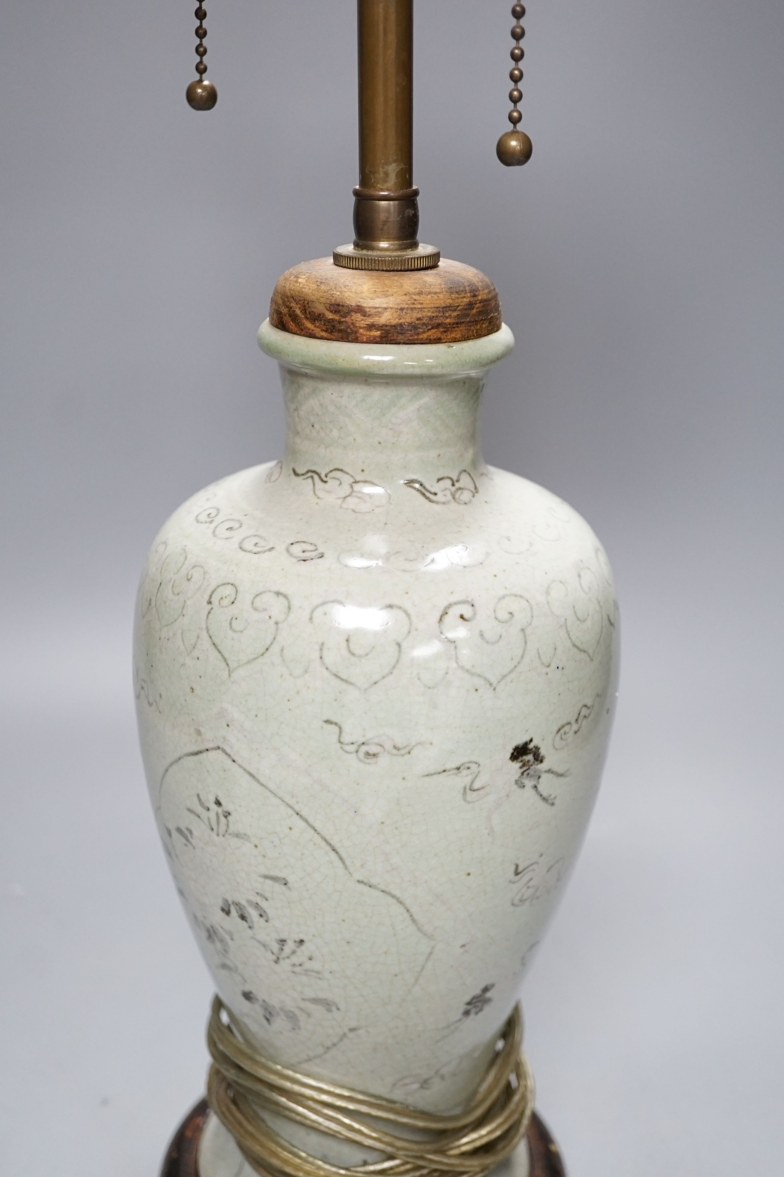 A Korean celadon vase lamp, total height 51cm